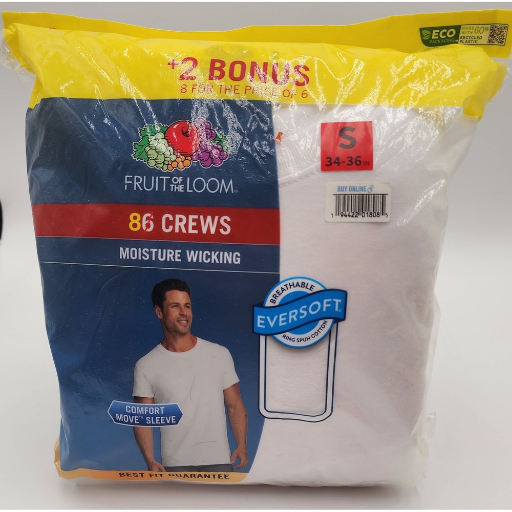 Fruit of the Loom Crew Neck T-Shirt Mens Small White New 8 Pack EverSoft Cotton
